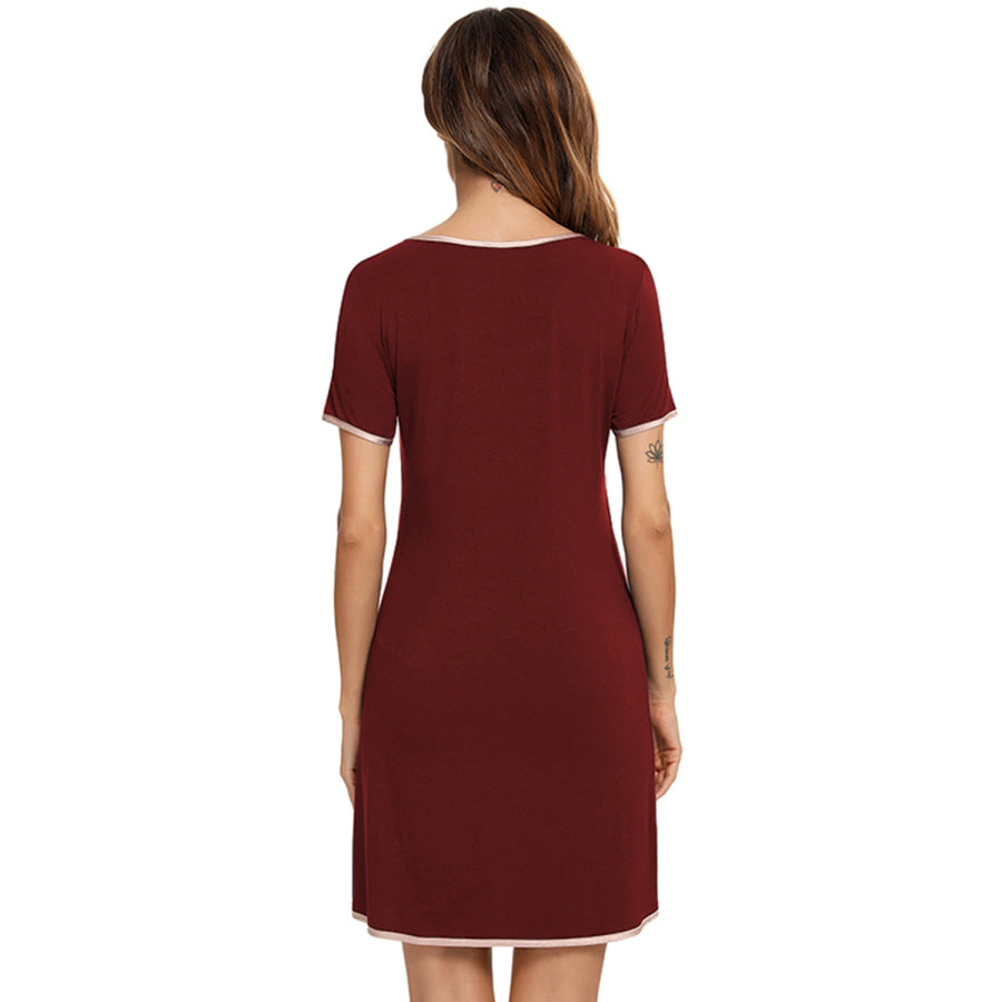 Contrast Trim Pocketed Round Neck Lounge Dress Apparel and Accessories