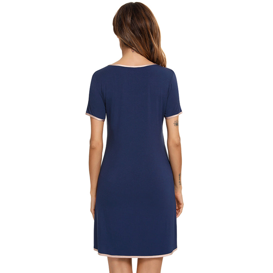 Contrast Trim Pocketed Round Neck Lounge Dress Apparel and Accessories