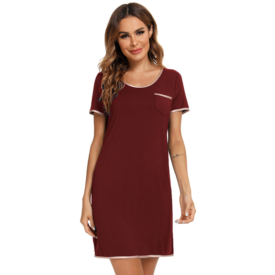 Contrast Trim Pocketed Round Neck Lounge Dress Apparel and Accessories