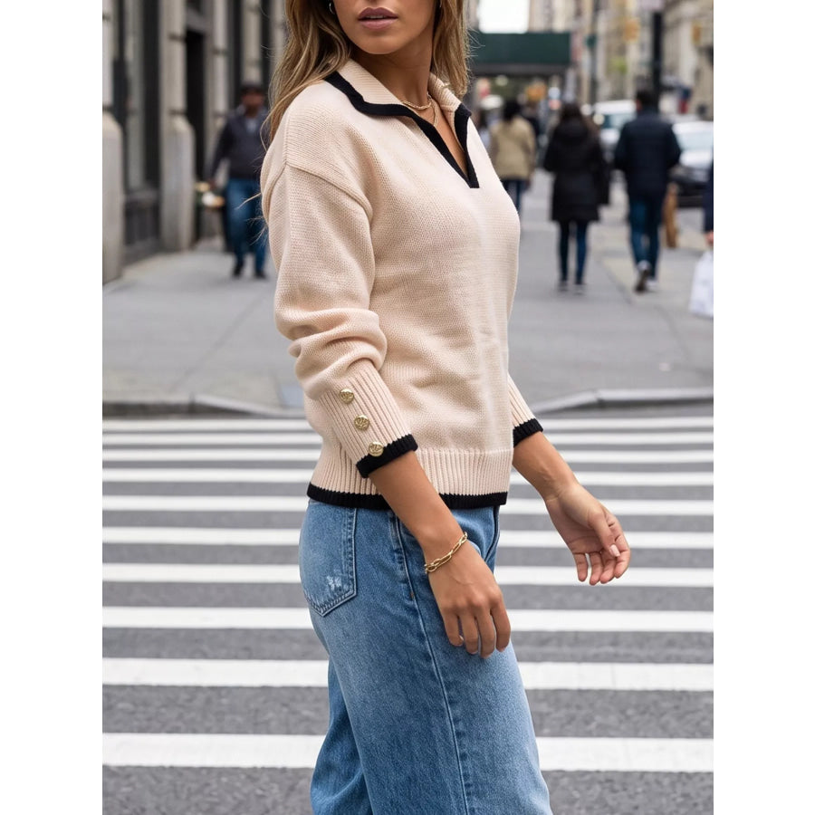 Contrast Trim Polo Collar Sweater Apparel and Accessories