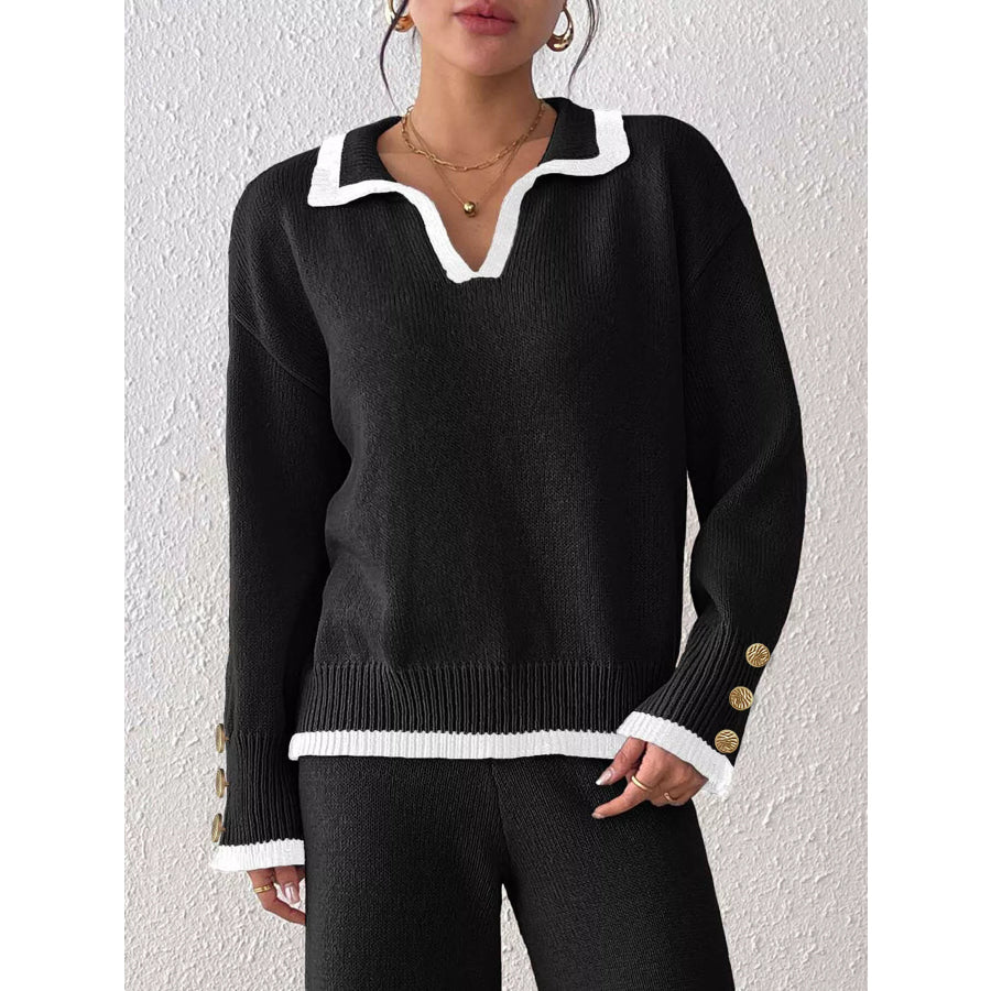 Contrast Trim Polo Collar Sweater Apparel and Accessories