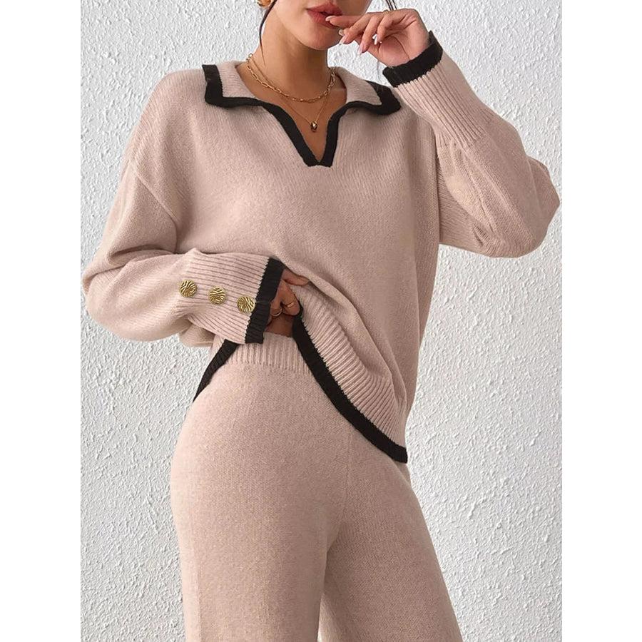 Contrast Trim Polo Collar Sweater Apparel and Accessories