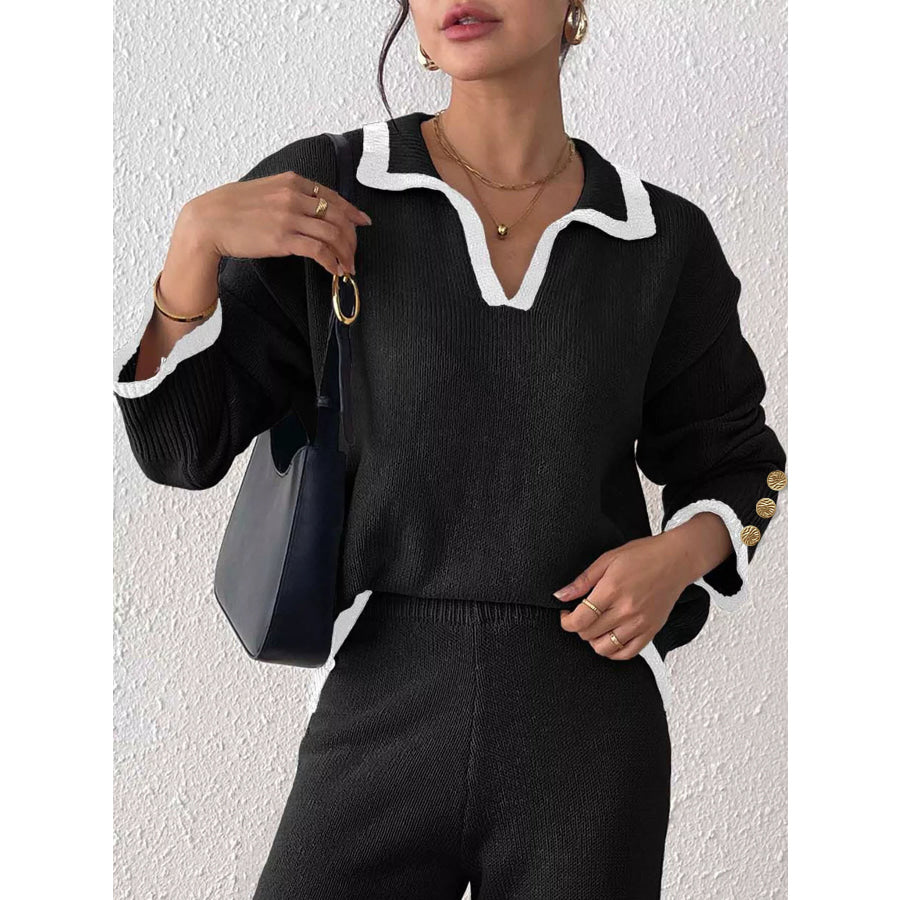 Contrast Trim Polo Collar Sweater Apparel and Accessories
