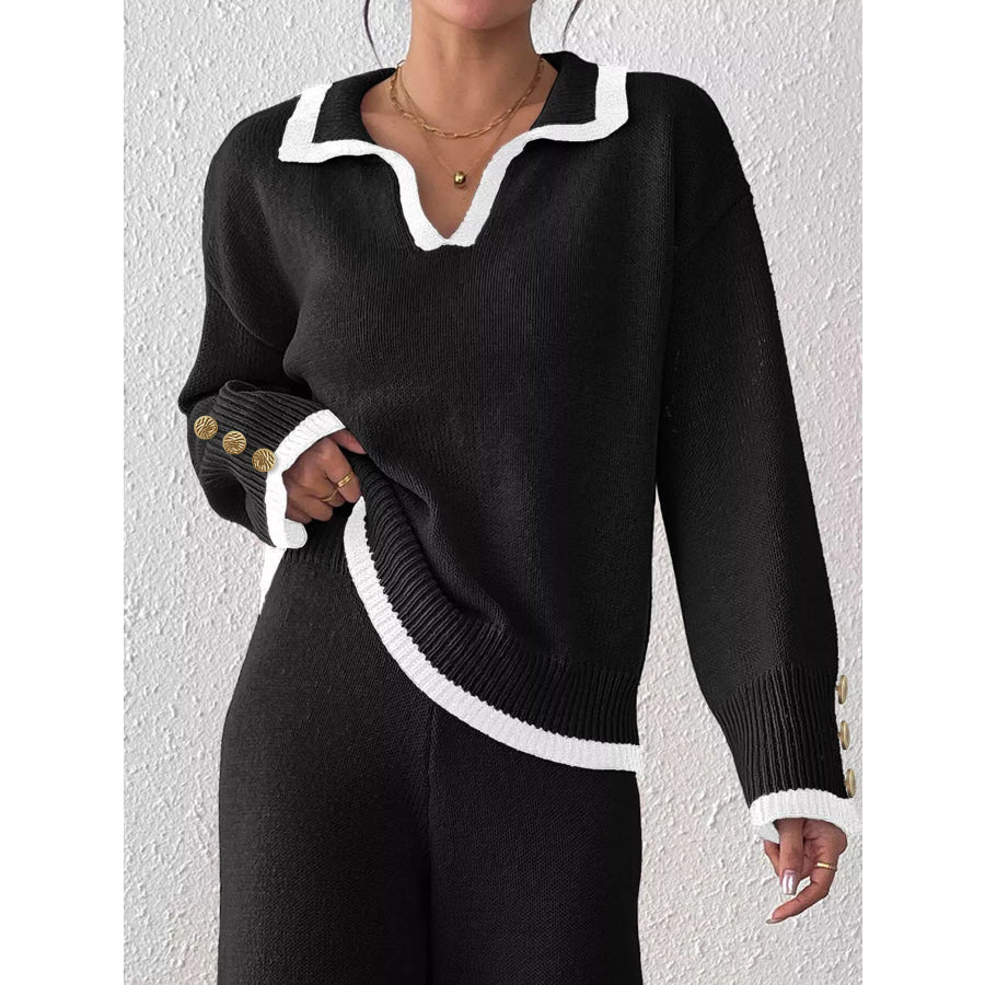 Contrast Trim Polo Collar Sweater Apparel and Accessories