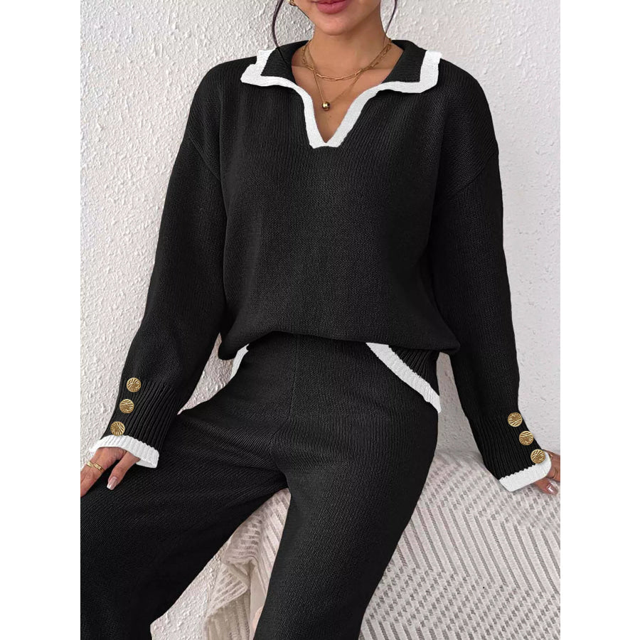 Contrast Trim Polo Collar Sweater Black / S Apparel and Accessories