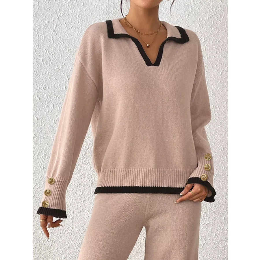 Contrast Trim Polo Collar Sweater Dust Storm / S Apparel and Accessories