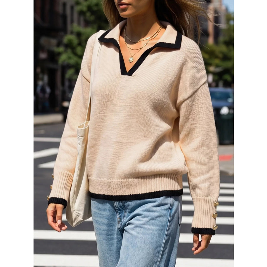 Contrast Trim Polo Collar Sweater Eggshell / S Apparel and Accessories