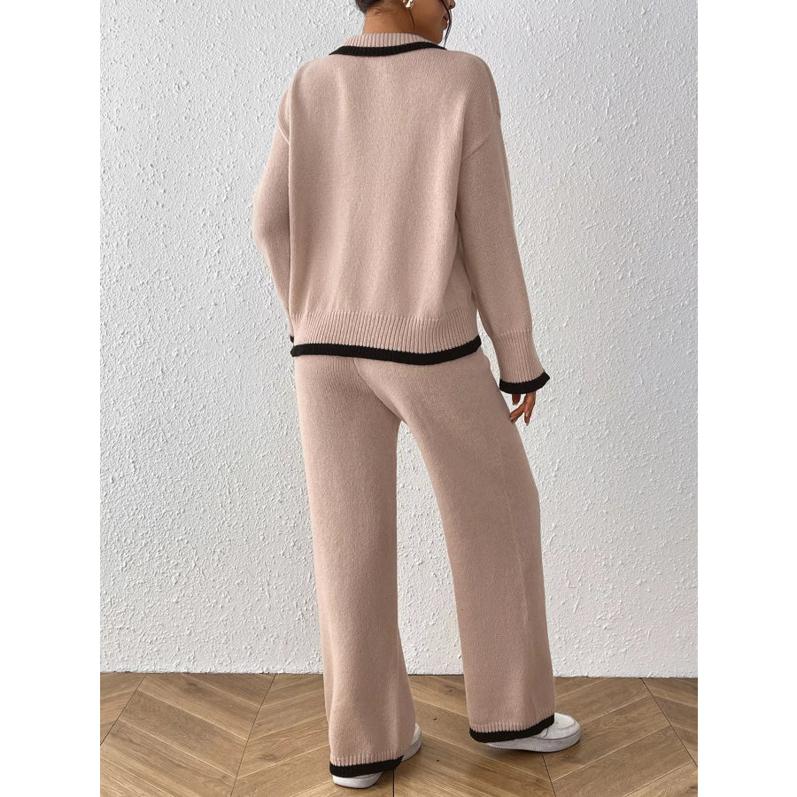 Contrast Trim Polo Collar Top and Pants Sweater Set Apparel Accessories