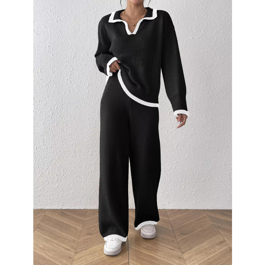 Contrast Trim Polo Collar Top and Pants Sweater Set Apparel Accessories