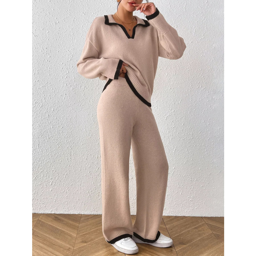 Contrast Trim Polo Collar Top and Pants Sweater Set Apparel Accessories