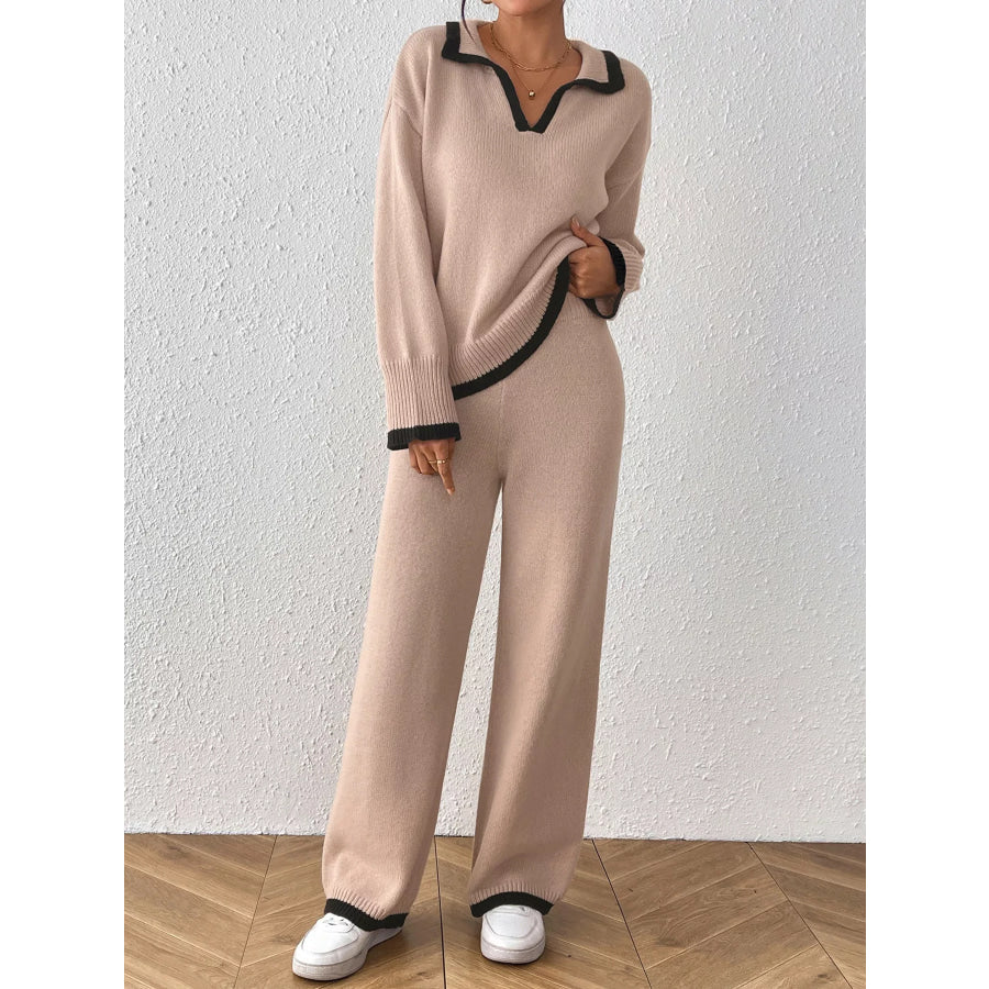Contrast Trim Polo Collar Top and Pants Sweater Set Apparel Accessories