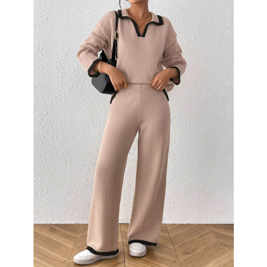 Contrast Trim Polo Collar Top and Pants Sweater Set Apparel Accessories