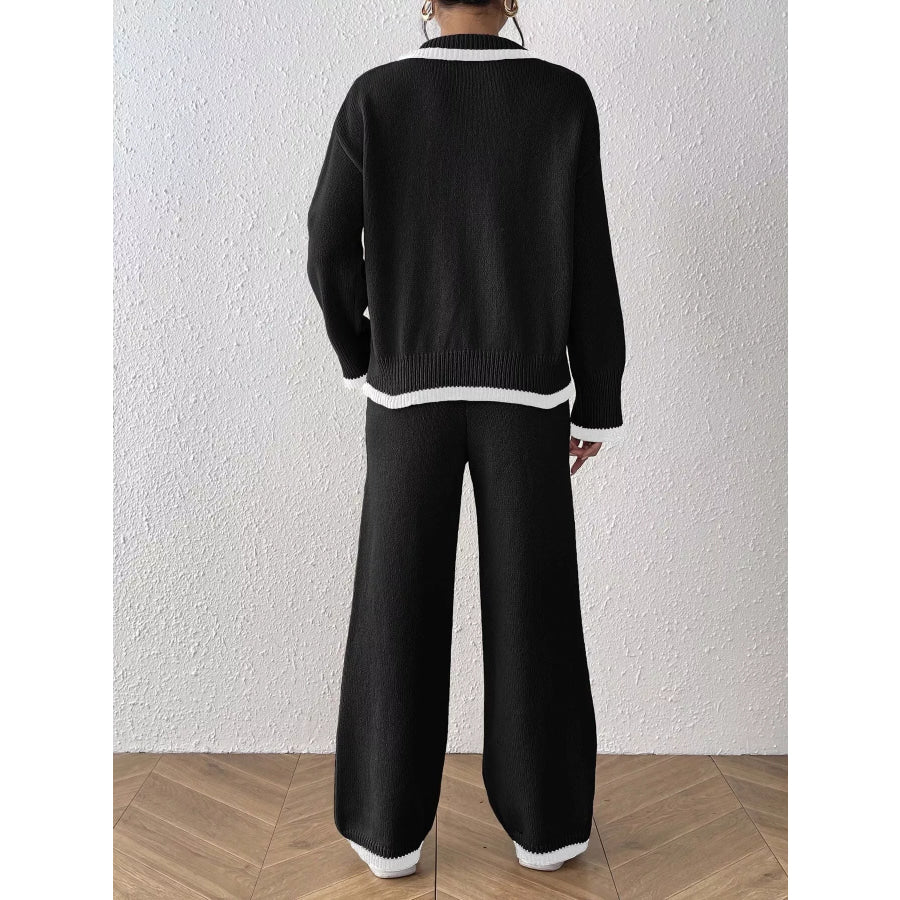 Contrast Trim Polo Collar Top and Pants Sweater Set Apparel Accessories