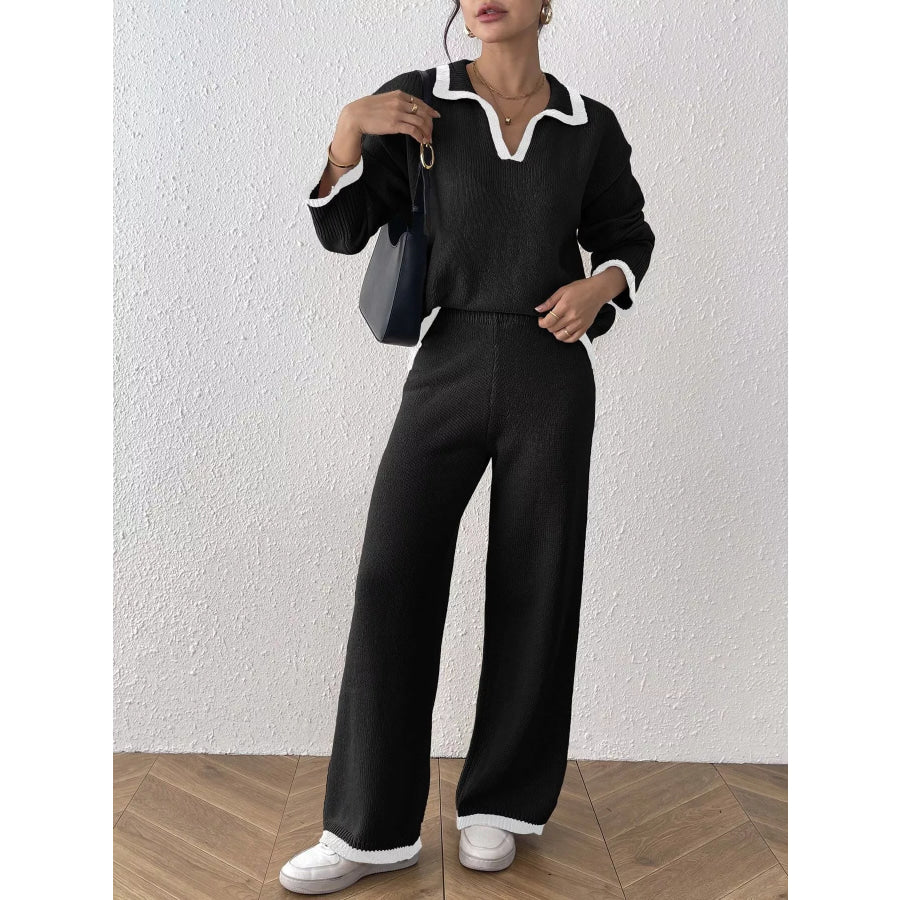Contrast Trim Polo Collar Top and Pants Sweater Set Apparel Accessories
