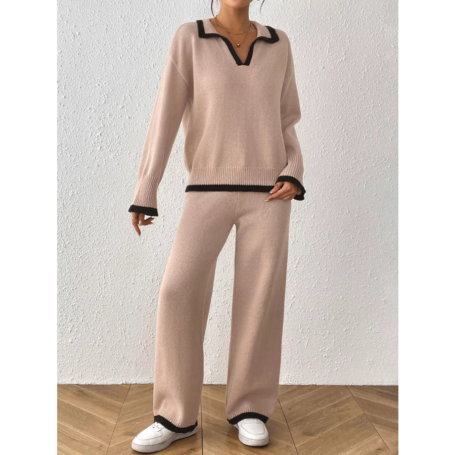 Contrast Trim Polo Collar Top and Pants Sweater Set Apparel Accessories