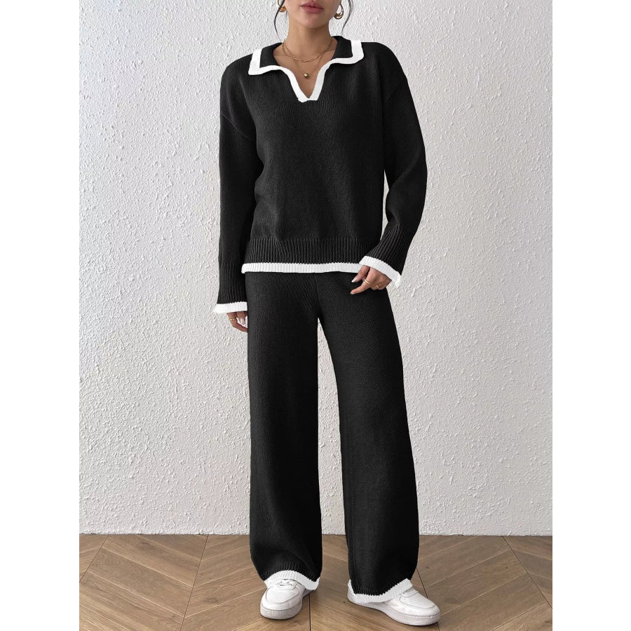 Contrast Trim Polo Collar Top and Pants Sweater Set Black / S Apparel Accessories