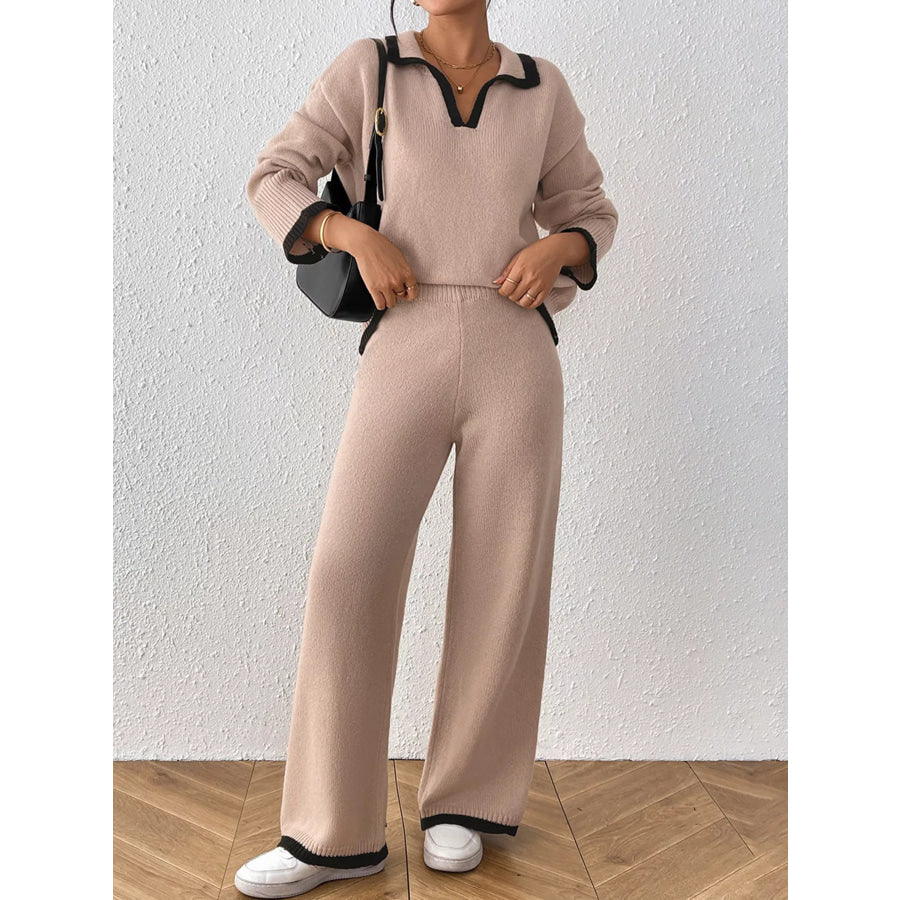 Contrast Trim Polo Collar Top and Pants Sweater Set Dust Storm / S Apparel Accessories