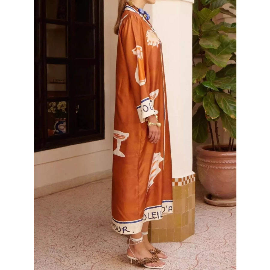Contrast Trim Printed Button Down Midi Shirt Dress Apparel and Accessories