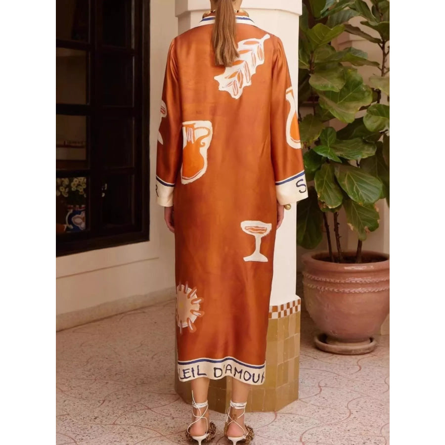 Contrast Trim Printed Button Down Midi Shirt Dress Apparel and Accessories