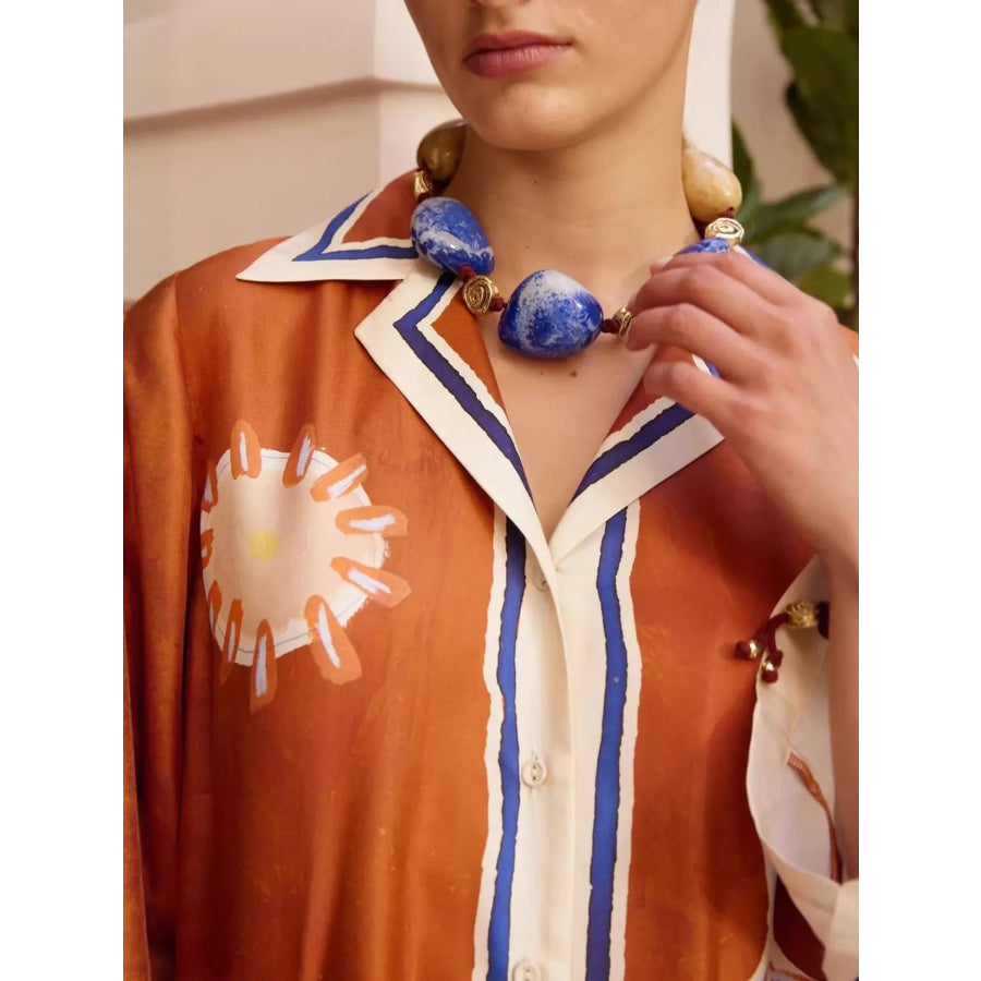 Contrast Trim Printed Button Down Midi Shirt Dress Apparel and Accessories