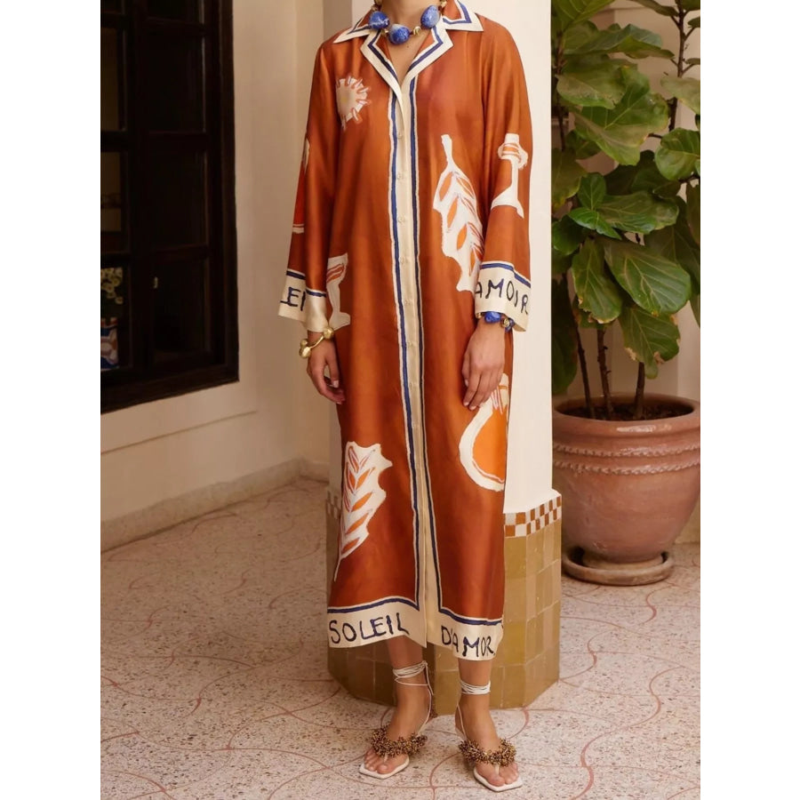 Contrast Trim Printed Button Down Midi Shirt Dress Apparel and Accessories