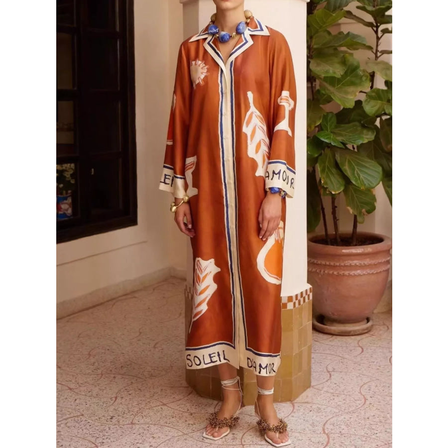 Contrast Trim Printed Button Down Midi Shirt Dress Ochre / S Apparel and Accessories
