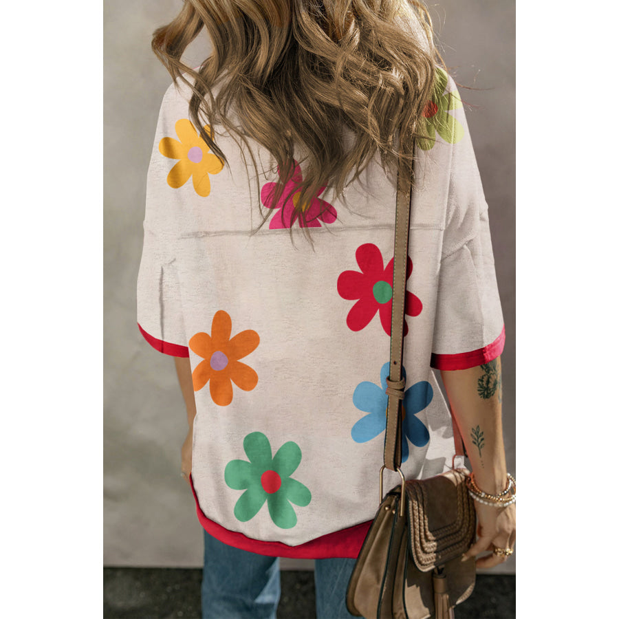 Contrast Trim Printed Round Neck Half Sleeve T-Shirt Floral / S Apparel and Accessories