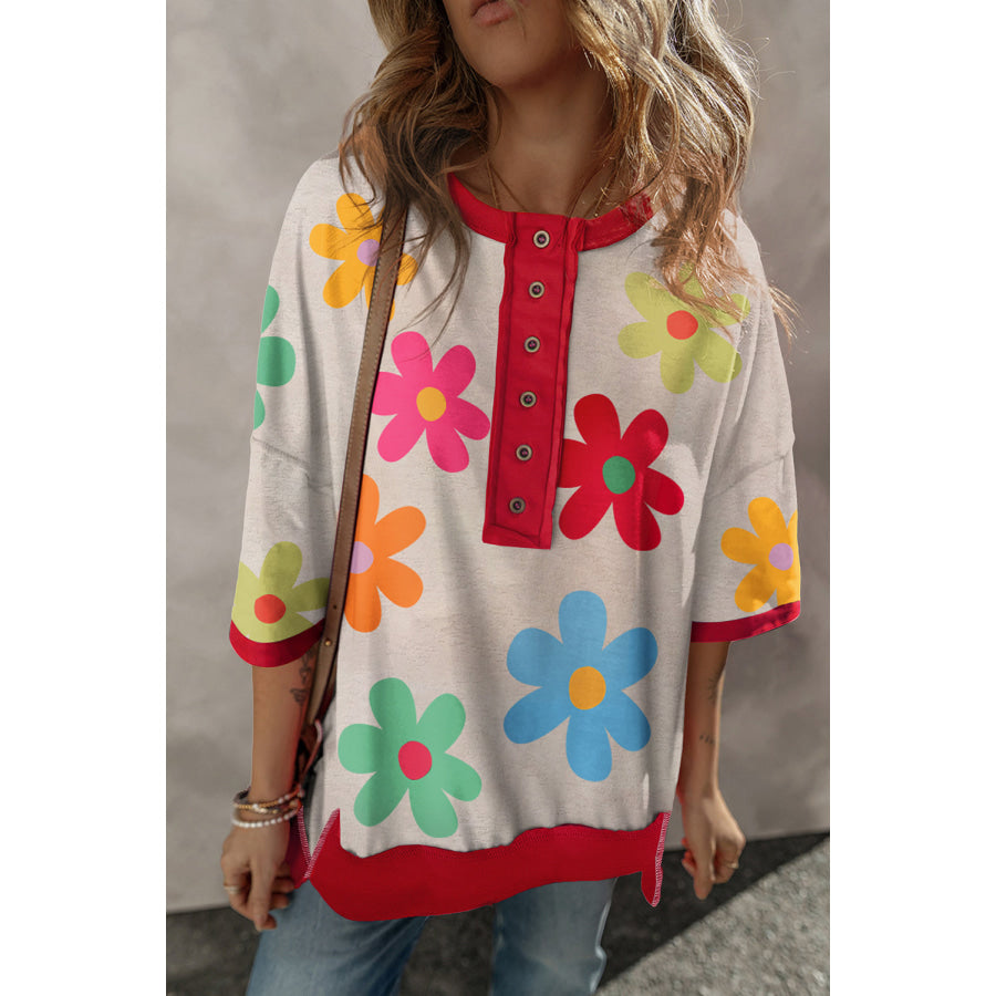 Contrast Trim Printed Round Neck Half Sleeve T-Shirt Floral / S Apparel and Accessories