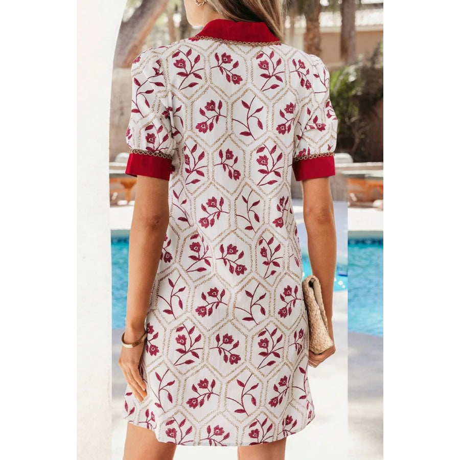 Contrast Trim Printed Short Sleeve Dress Apparel and Accessories