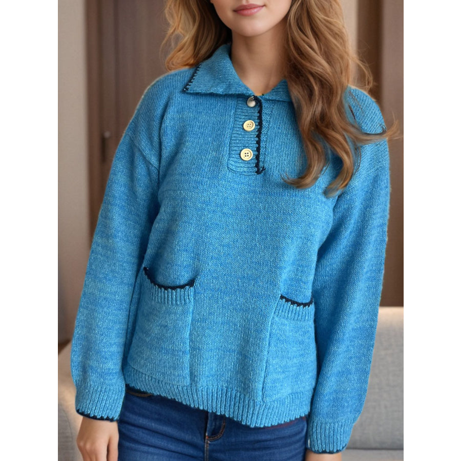 Contrast Trim Quarter Button Long Sleeve Sweater Apparel and Accessories