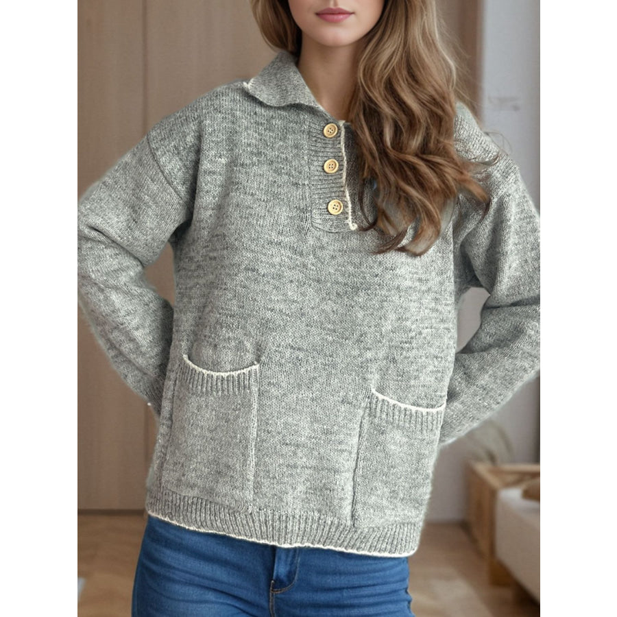 Contrast Trim Quarter Button Long Sleeve Sweater Apparel and Accessories