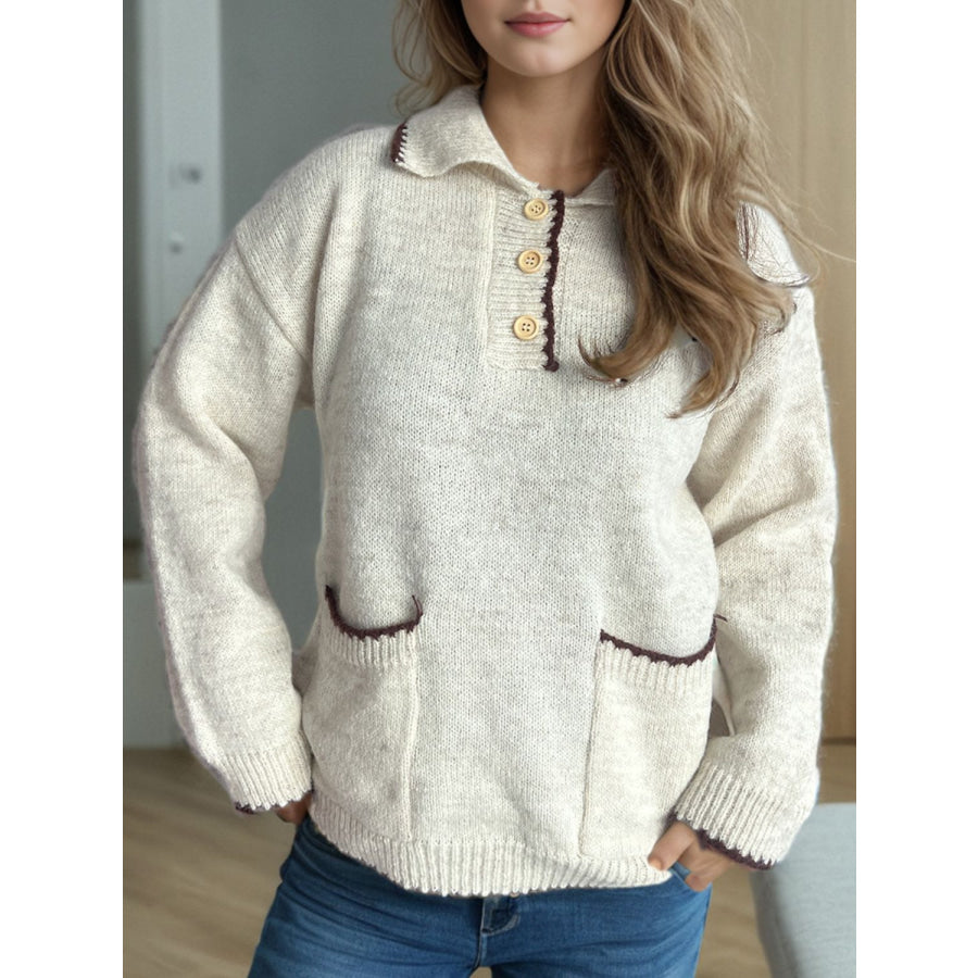 Contrast Trim Quarter Button Long Sleeve Sweater Apparel and Accessories