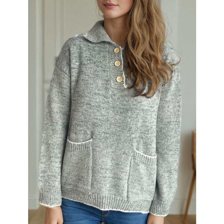 Contrast Trim Quarter Button Long Sleeve Sweater Apparel and Accessories