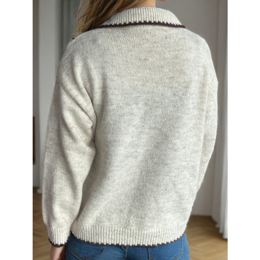 Contrast Trim Quarter Button Long Sleeve Sweater Beige / One Size Apparel and Accessories