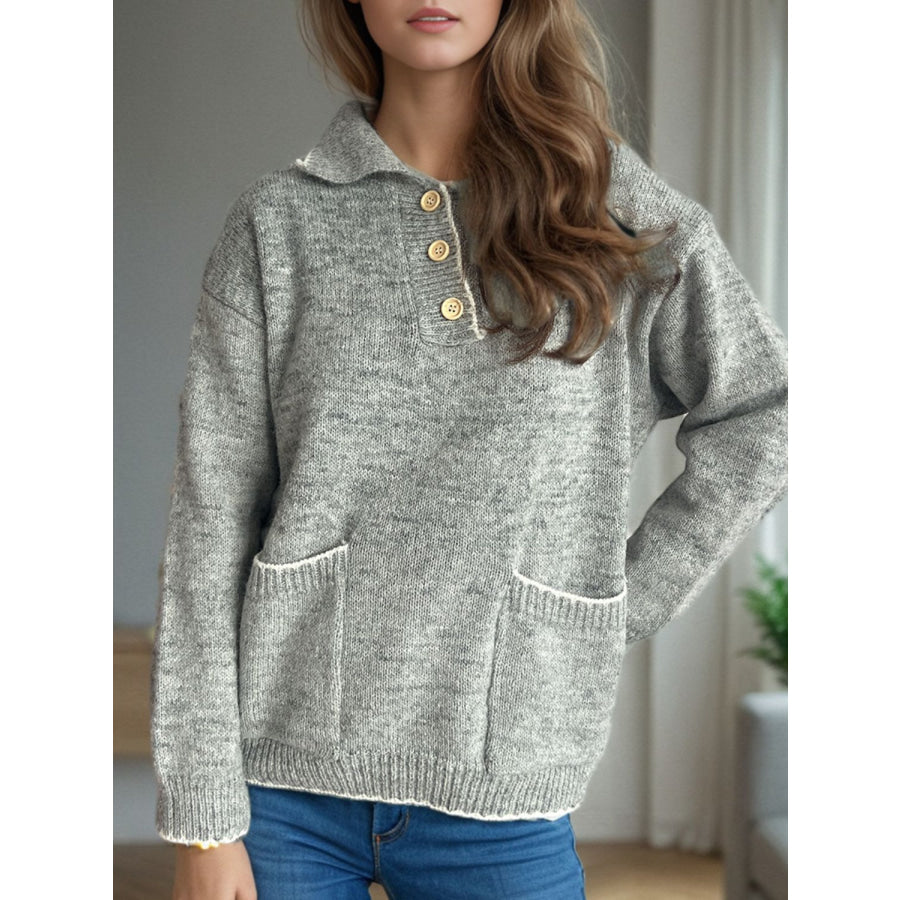 Contrast Trim Quarter Button Long Sleeve Sweater Apparel and Accessories