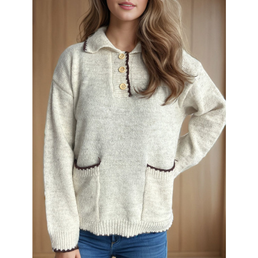 Contrast Trim Quarter Button Long Sleeve Sweater Apparel and Accessories