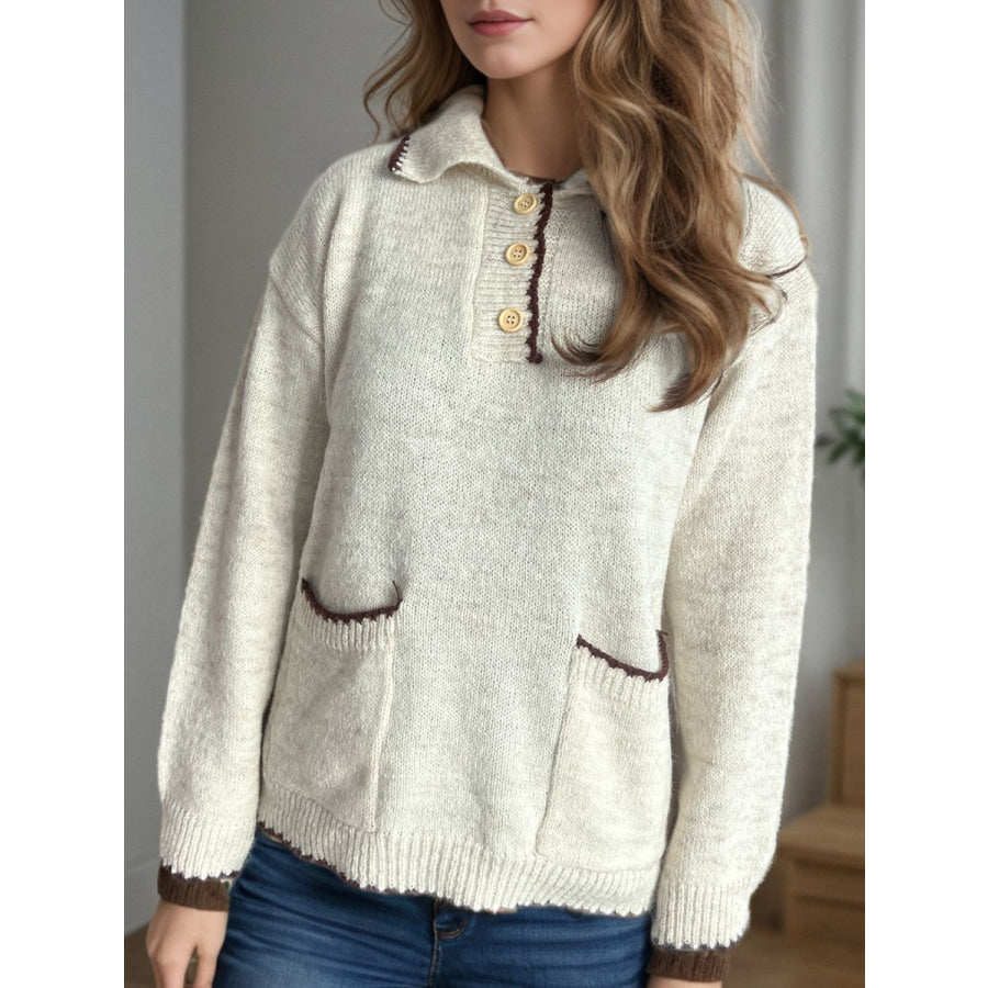 Contrast Trim Quarter Button Long Sleeve Sweater Beige / One Size Apparel and Accessories