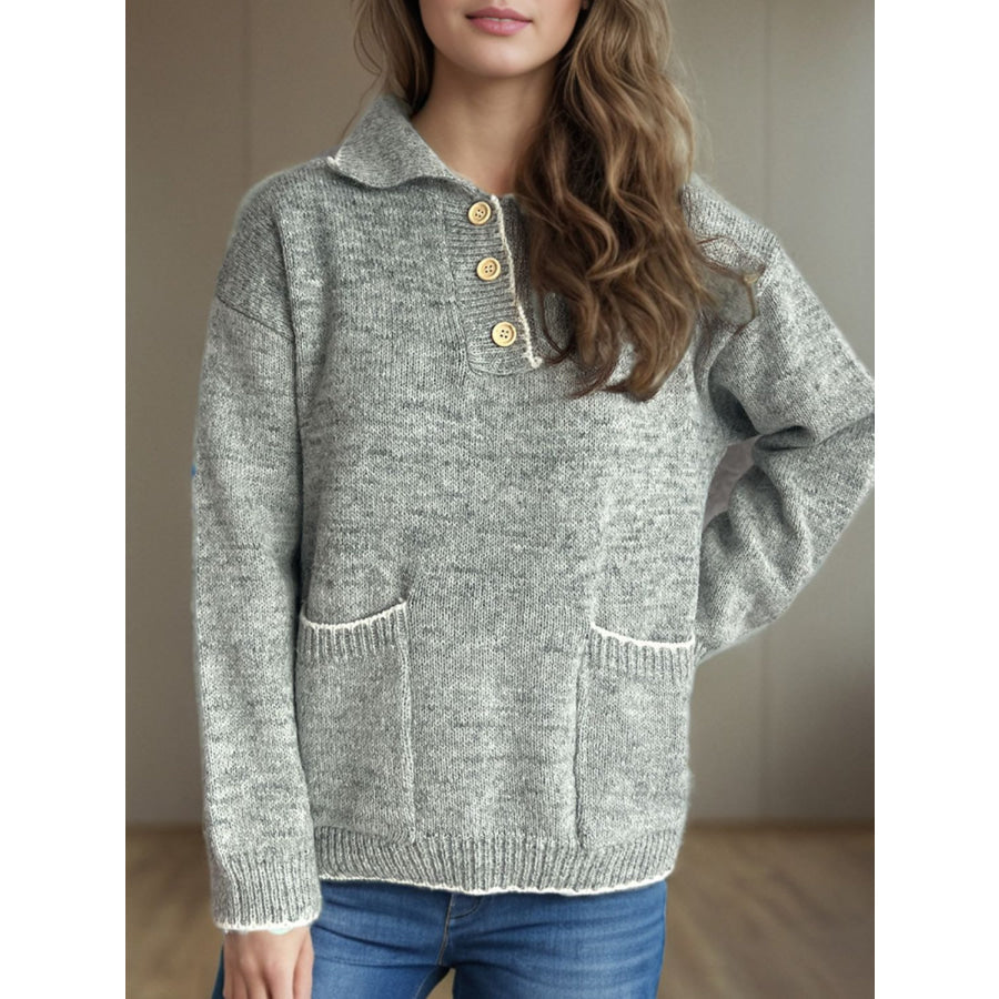 Contrast Trim Quarter Button Long Sleeve Sweater Gray / One Size Apparel and Accessories