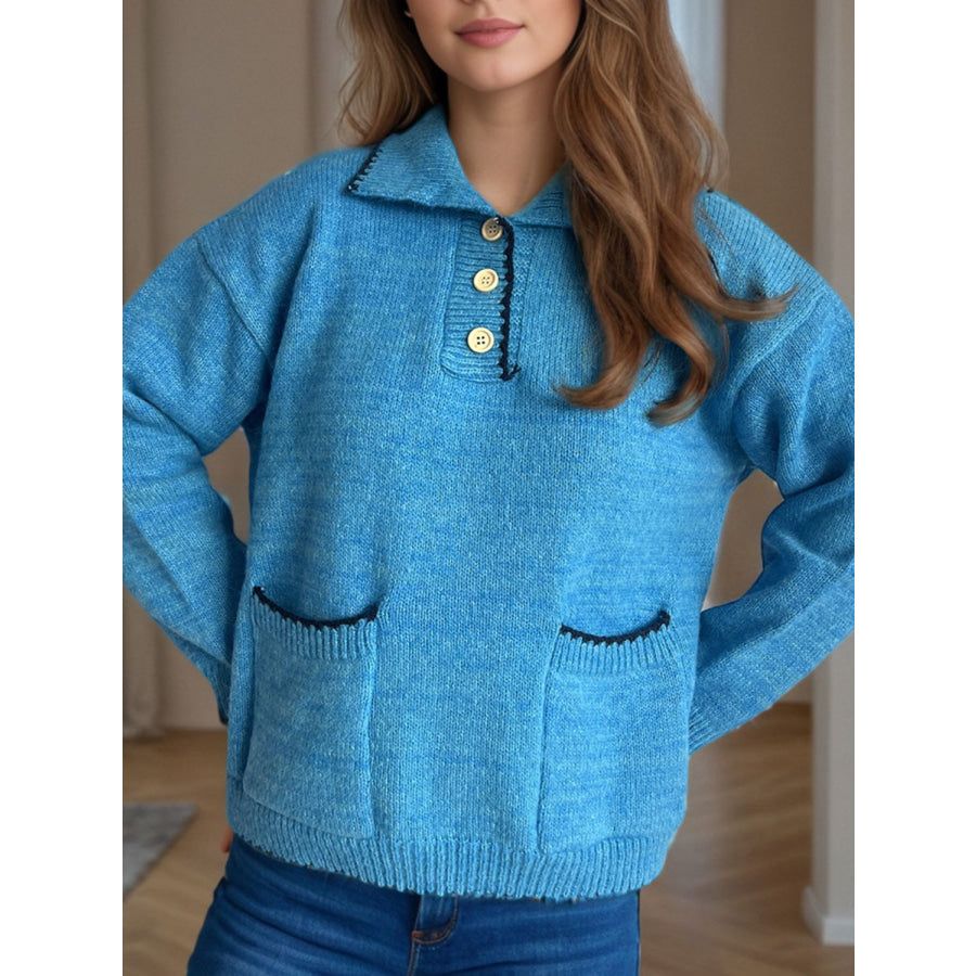 Contrast Trim Quarter Button Long Sleeve Sweater Sky Blue / One Size Apparel and Accessories