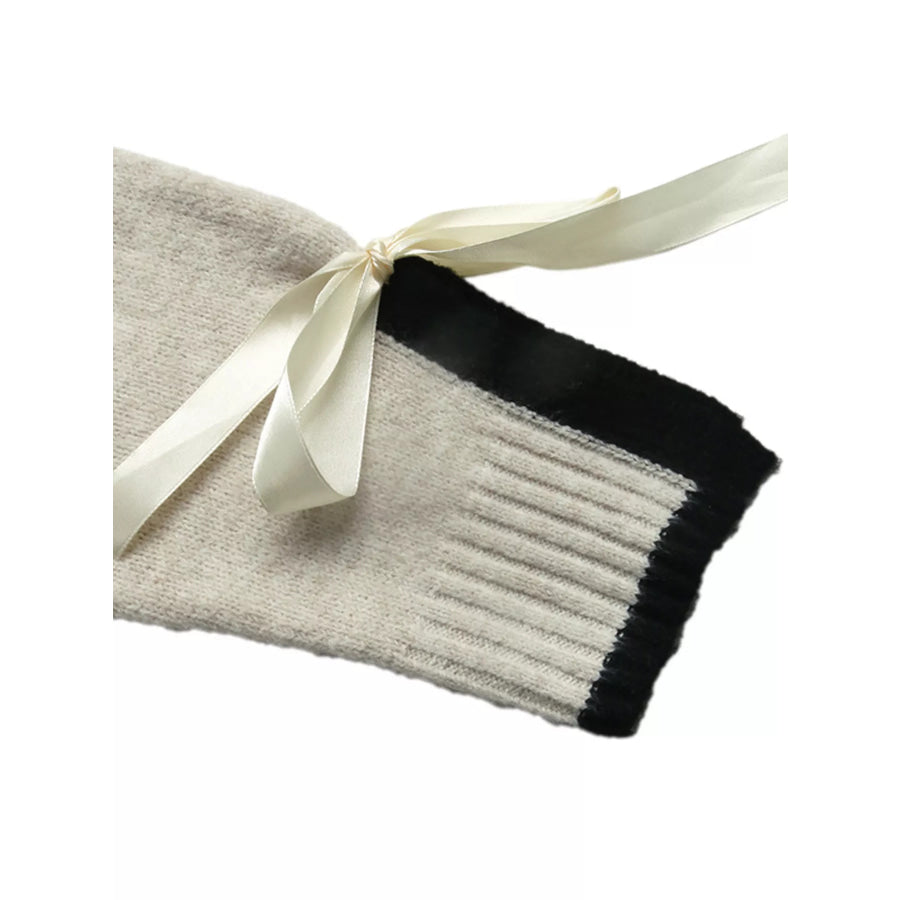 Contrast Trim Ribbed Cuff Tie-Sleeve Sweater Apparel and Accessories