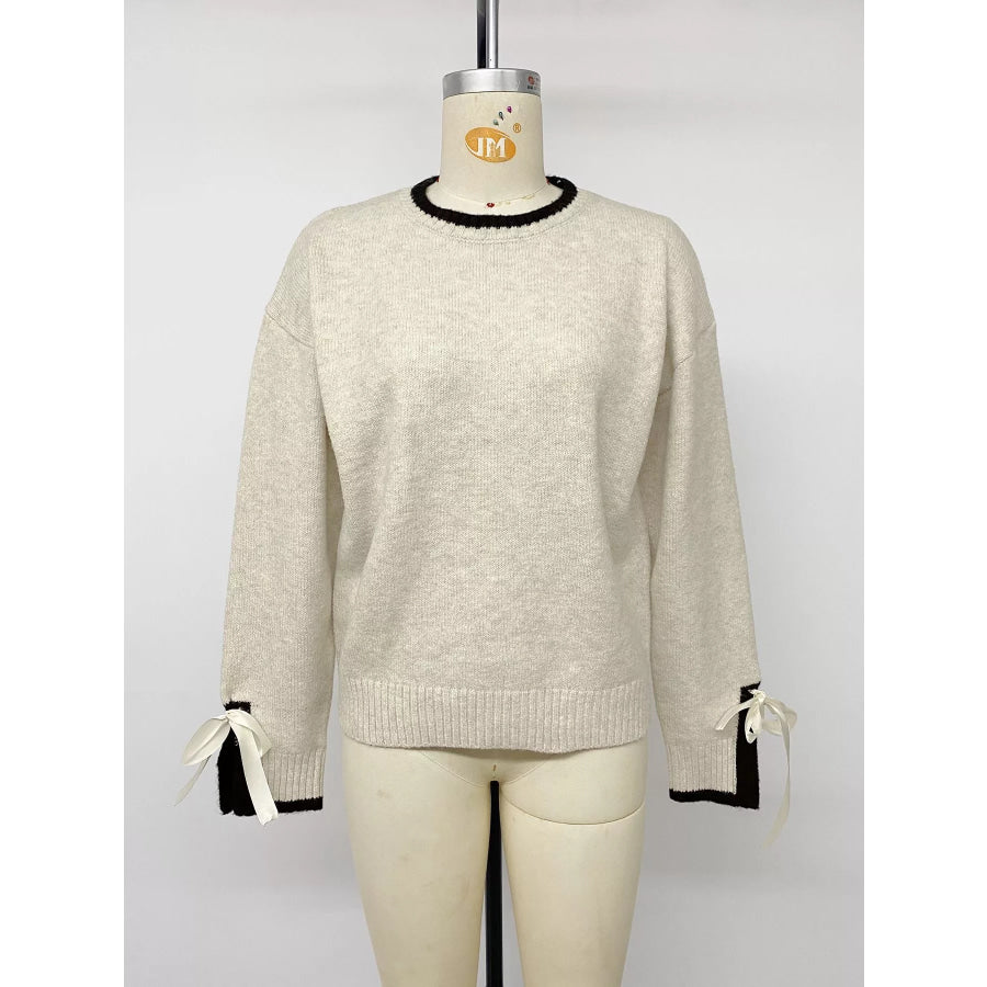 Contrast Trim Ribbed Cuff Tie-Sleeve Sweater Apparel and Accessories
