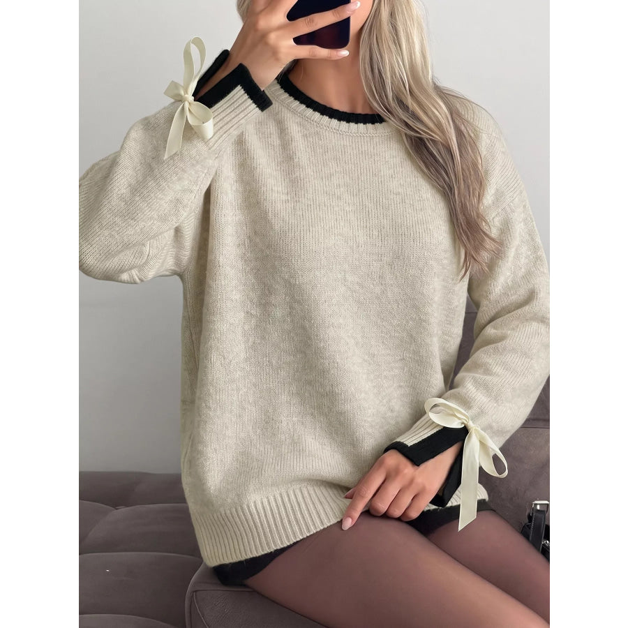 Contrast Trim Ribbed Cuff Tie-Sleeve Sweater Apparel and Accessories