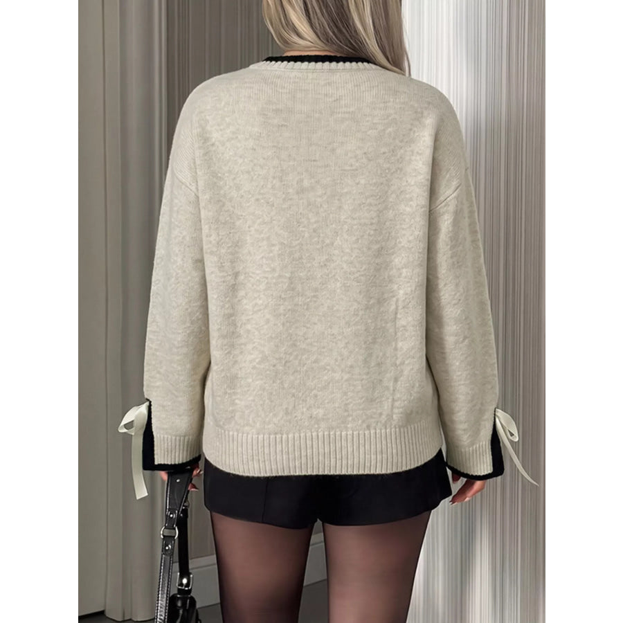 Contrast Trim Ribbed Cuff Tie-Sleeve Sweater Apparel and Accessories