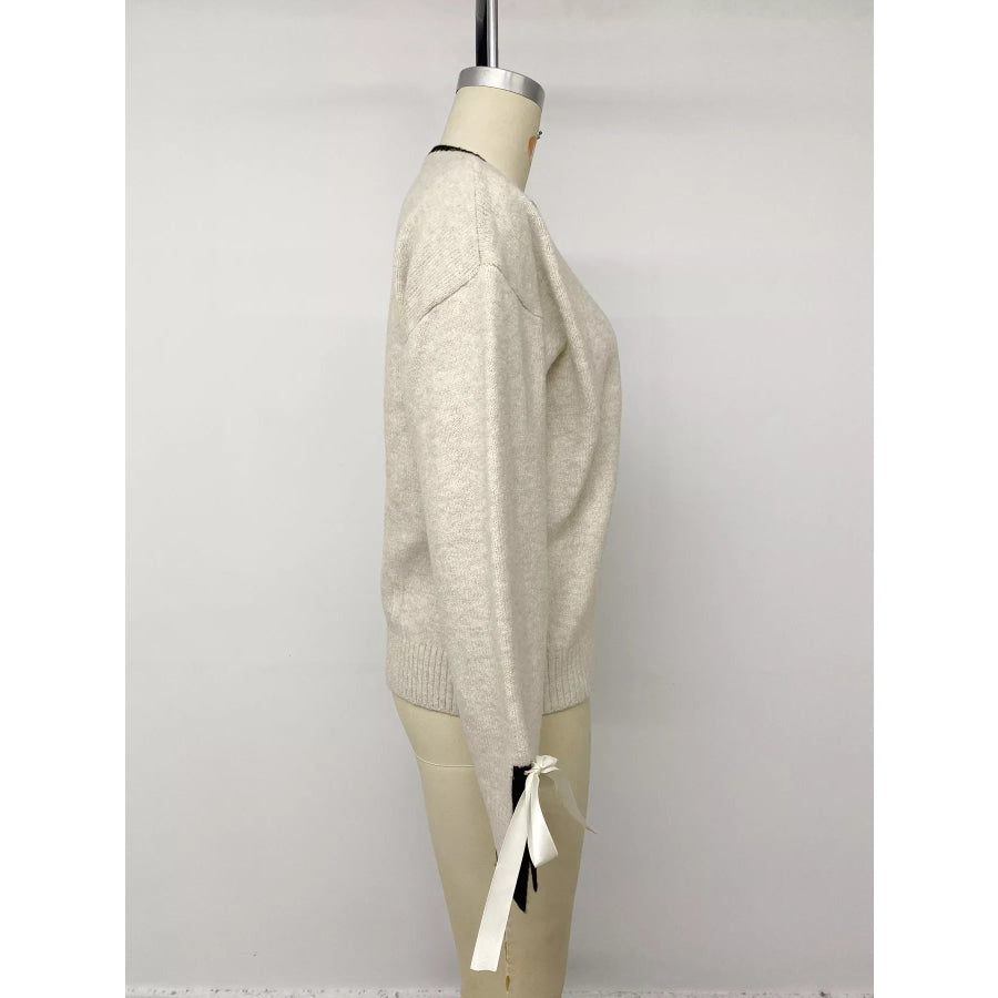 Contrast Trim Ribbed Cuff Tie-Sleeve Sweater Apparel and Accessories