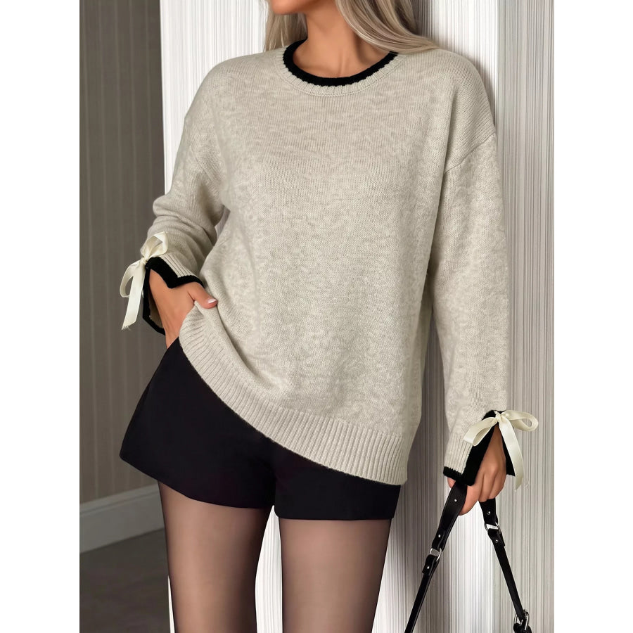 Contrast Trim Ribbed Cuff Tie-Sleeve Sweater Apparel and Accessories
