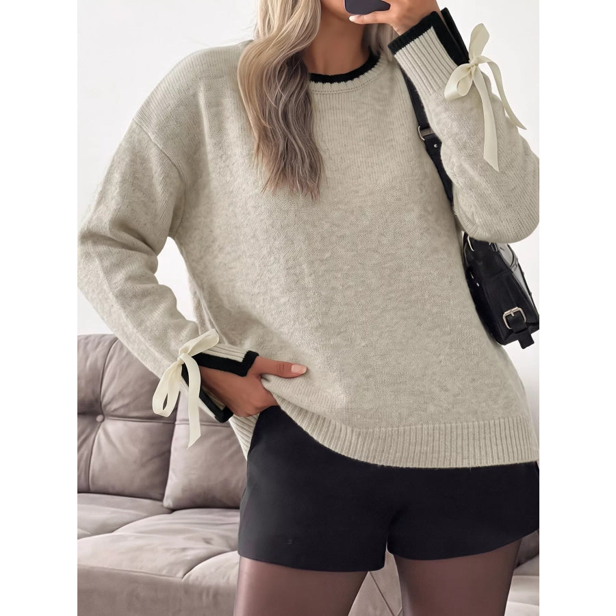 Contrast Trim Ribbed Cuff Tie-Sleeve Sweater Khaki / S Apparel and Accessories