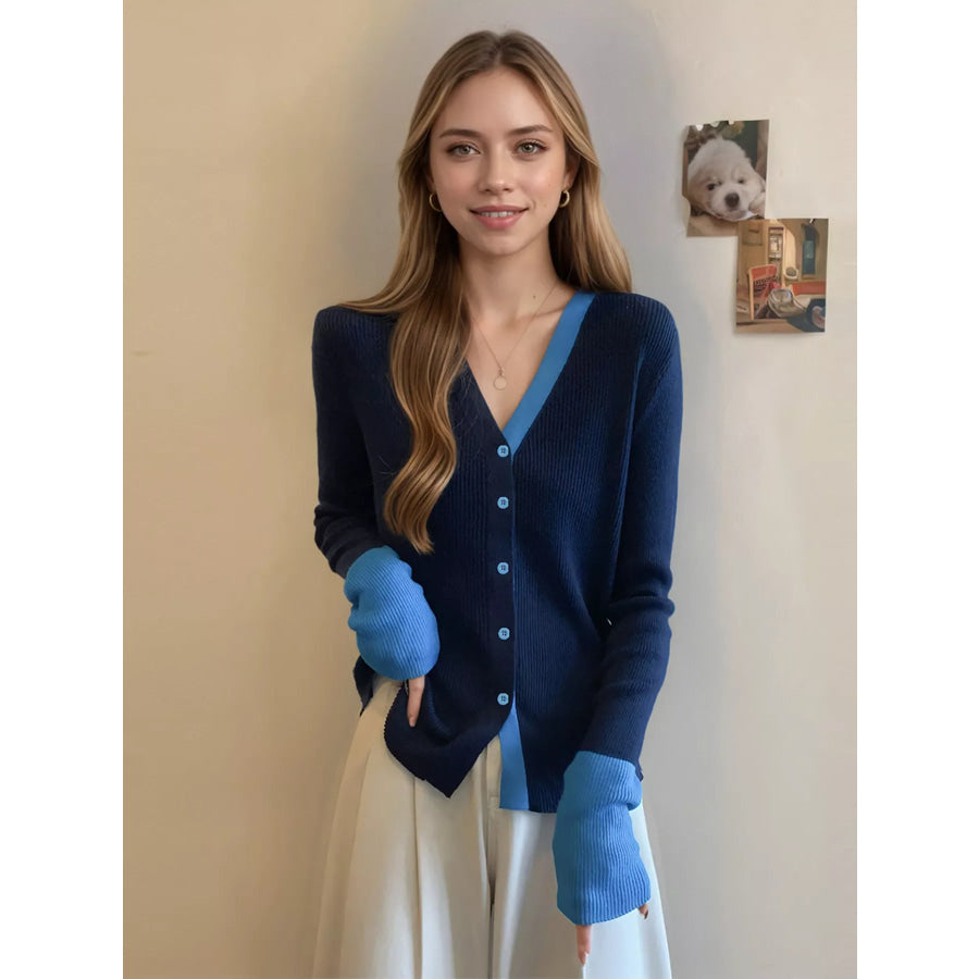 Contrast Trim Ribbed Knit Cardigan Apparel and Accessories