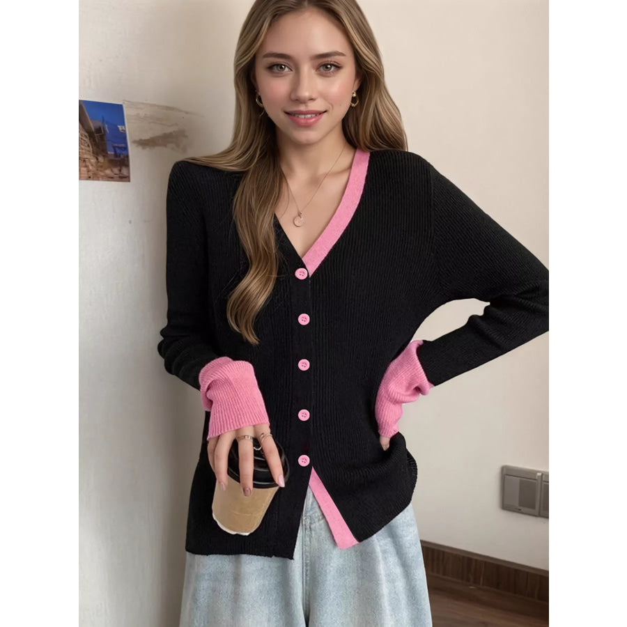 Contrast Trim Ribbed Knit Cardigan Apparel and Accessories
