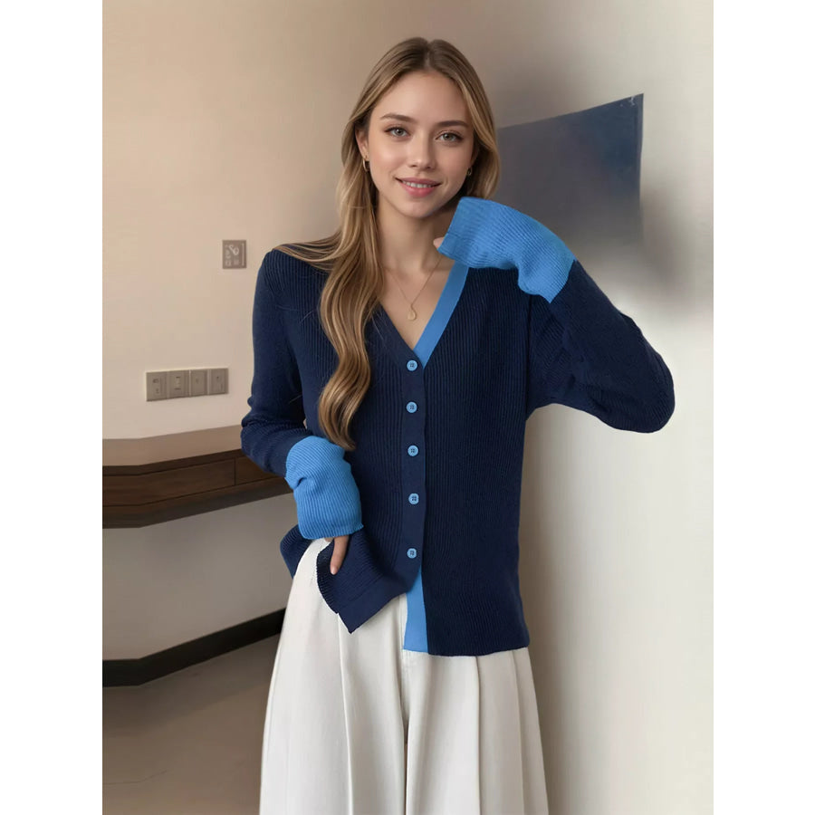 Contrast Trim Ribbed Knit Cardigan Apparel and Accessories