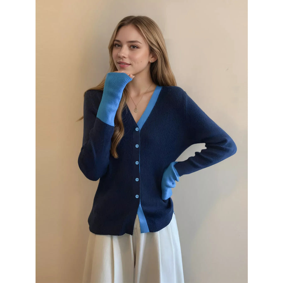 Contrast Trim Ribbed Knit Cardigan Apparel and Accessories